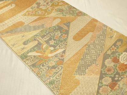 平和屋着物◎宝珠佐賀錦 六通柄袋帯 九百錦 流水花鳥文 金糸 正絹 逸品 CABB8384in