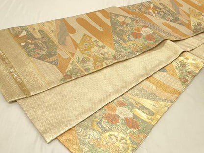 平和屋着物◎宝珠佐賀錦 六通柄袋帯 九百錦 流水花鳥文 金糸 正絹 逸品 CABB8384in