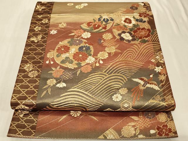 平和屋着物◎六通柄袋帯　唐織　立波鳳凰花丸文　金糸　正絹　逸品　CABB8386in