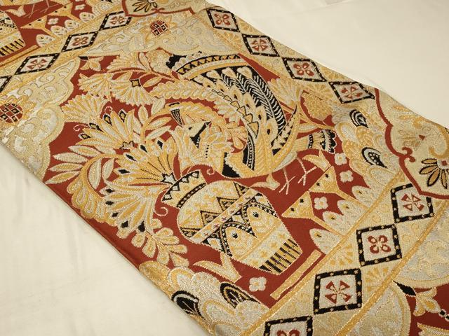 平和屋着物◎六通柄袋帯 孔雀飾花文 金銀糸 正絹 逸品 CABB8390in