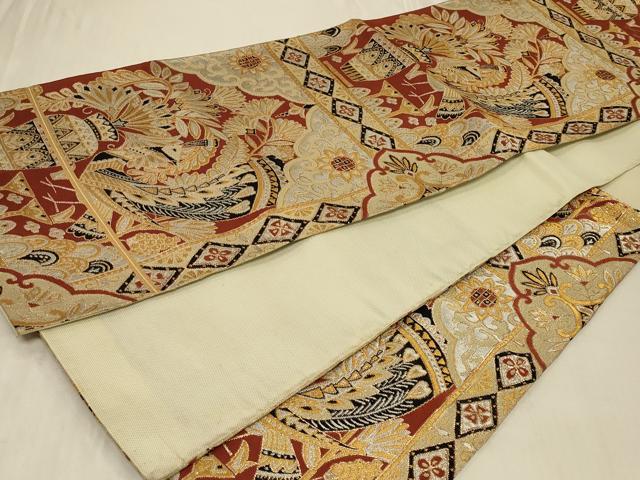 平和屋着物◎六通柄袋帯 孔雀飾花文 金銀糸 正絹 逸品 CABB8390in