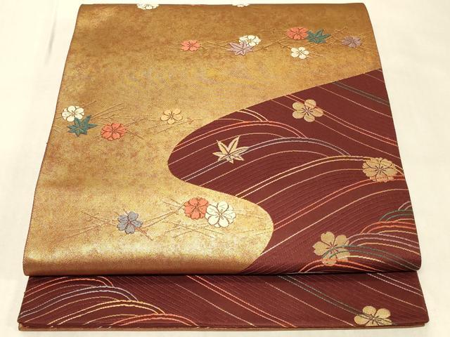 平和屋着物◎太鼓柄袋帯 唐織 立波草花文 金糸 鈴乃屋扱い 正絹 逸品 CABB8396in