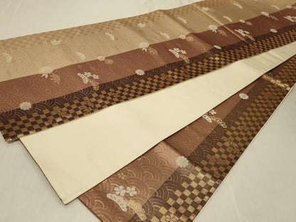 平和屋着物◎全通柄袋帯 青海波草花文 金糸 正絹 逸品 CABB8397in