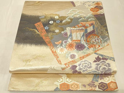 平和屋着物◎六通柄袋帯 唐織 色紙取御所車文 金糸 正絹 逸品 CABB8398in