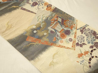 平和屋着物◎六通柄袋帯 唐織 色紙取御所車文 金糸 正絹 逸品 CABB8398in