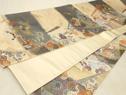 平和屋着物◎六通柄袋帯 唐織 色紙取御所車文 金糸 正絹 逸品 CABB8398in