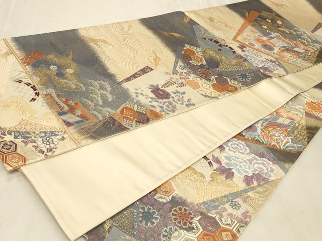 平和屋着物◎六通柄袋帯 唐織 色紙取御所車文 金糸 正絹 逸品 CABB8398in