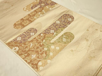 平和屋着物◎全通柄袋帯 エ霞動物花文 金糸 正絹 逸品 CABB8400in