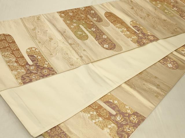 平和屋着物◎全通柄袋帯 エ霞動物花文 金糸 正絹 逸品 CABB8400in