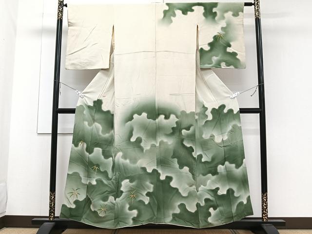 平和屋着物■訪問着 刺繍 笹の葉文 暈し染め 金糸 正絹 逸品 CABB8706xi