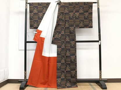平和屋着物■上質な紬　格子花文　黒地　正絹　逸品　未使用　CABB8759xi