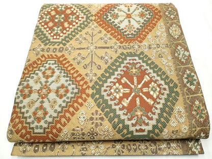 平和屋着物●六通柄袋帯　幾何学花文　金糸　正絹　逸品　CABB9205hy