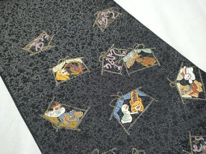 平和屋着物●太鼓柄袋帯　十二支　銀通し地　正絹　逸品　CABB9220hy