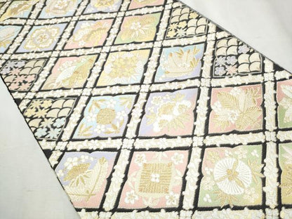 平和屋着物●西陣　六通柄袋帯　菱松竹梅花文　金糸　正絹　逸品　CABB9231hy