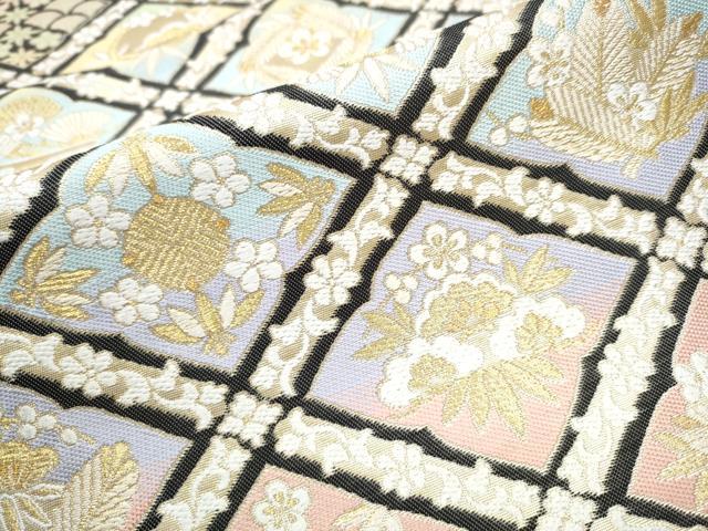 平和屋着物●西陣　六通柄袋帯　菱松竹梅花文　金糸　正絹　逸品　CABB9231hy