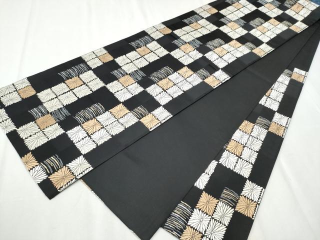 平和屋着物●六通柄袋帯　唐織　市松菊文　黒地　正絹　逸品　CABB9232hy