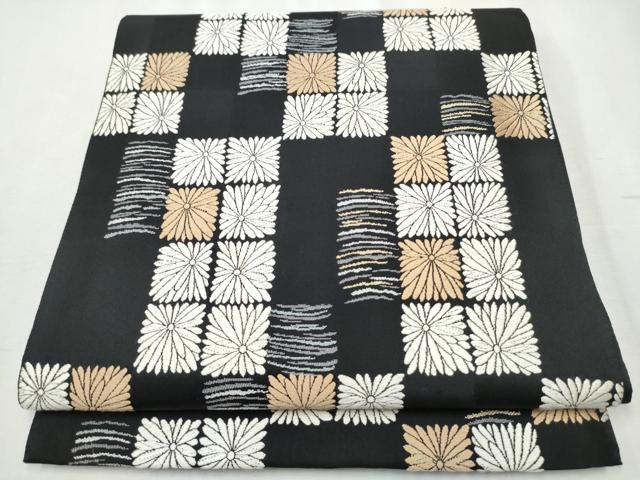 平和屋着物●六通柄袋帯　唐織　市松菊文　黒地　正絹　逸品　CABB9232hy
