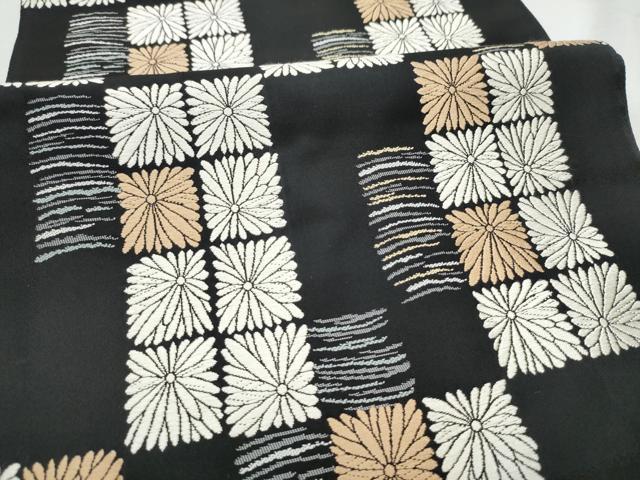 平和屋着物●六通柄袋帯　唐織　市松菊文　黒地　正絹　逸品　CABB9232hy