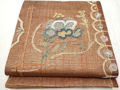 平和屋着物●太鼓柄袋帯　刺繍　草花文　金銀糸　正絹　逸品　CABB9241hy