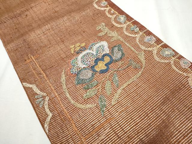 平和屋着物●太鼓柄袋帯　刺繍　草花文　金銀糸　正絹　逸品　CABB9241hy