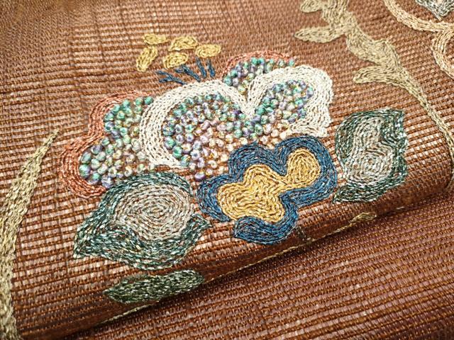 平和屋着物●太鼓柄袋帯　刺繍　草花文　金銀糸　正絹　逸品　CABB9241hy