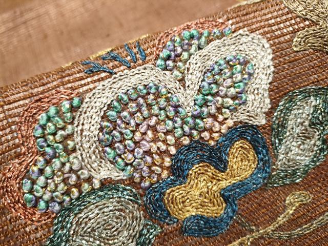 平和屋着物●太鼓柄袋帯　刺繍　草花文　金銀糸　正絹　逸品　CABB9241hy