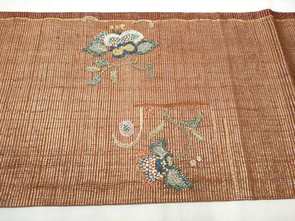 平和屋着物●太鼓柄袋帯　刺繍　草花文　金銀糸　正絹　逸品　CABB9241hy