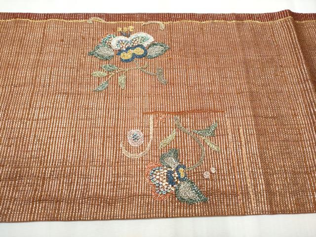平和屋着物●太鼓柄袋帯　刺繍　草花文　金銀糸　正絹　逸品　CABB9241hy