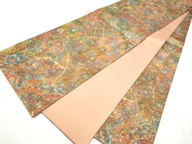 平和屋着物●全通柄袋帯　絞り　更紗花文　金彩　正絹　逸品　CABB9243hy