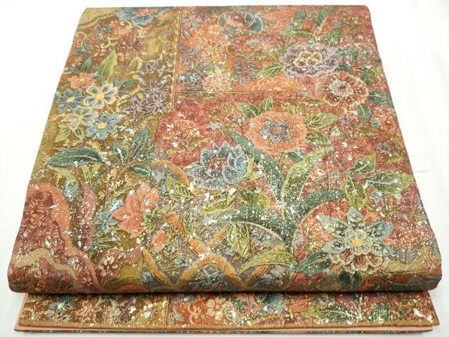 平和屋着物●全通柄袋帯　絞り　更紗花文　金彩　正絹　逸品　CABB9243hy