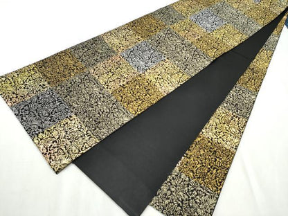 平和屋着物●全通柄袋帯　市松草花文　黒地　金銀糸　正絹　逸品　CABB9246hy