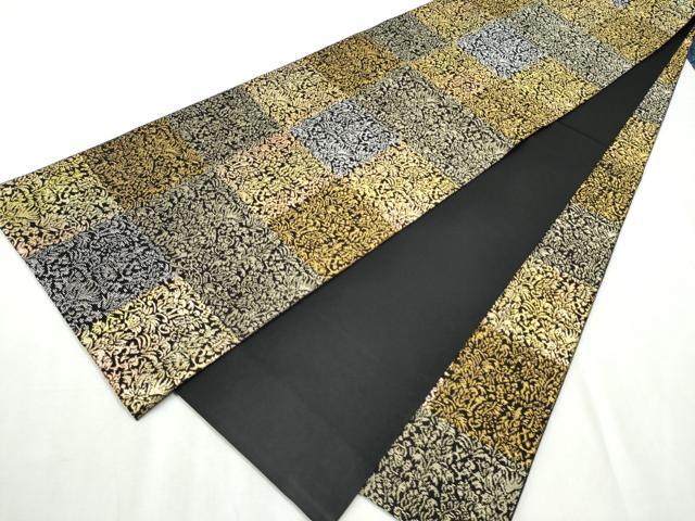 平和屋着物●全通柄袋帯　市松草花文　黒地　金銀糸　正絹　逸品　CABB9246hy