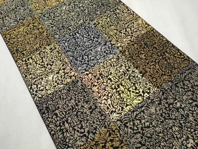 平和屋着物●全通柄袋帯　市松草花文　黒地　金銀糸　正絹　逸品　CABB9246hy