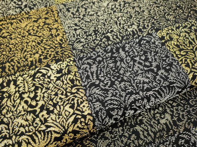 平和屋着物●全通柄袋帯　市松草花文　黒地　金銀糸　正絹　逸品　CABB9246hy