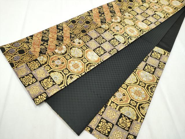 平和屋着物●六通柄袋帯　名物裂　黒地　金糸　正絹　逸品　CABB9249hy