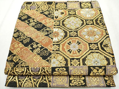 平和屋着物●六通柄袋帯　名物裂　黒地　金糸　正絹　逸品　CABB9249hy