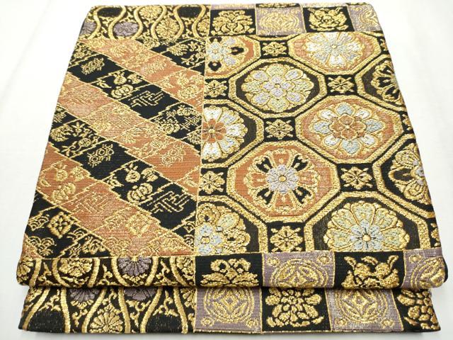 平和屋着物●六通柄袋帯　名物裂　黒地　金糸　正絹　逸品　CABB9249hy