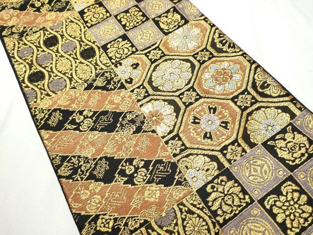 平和屋着物●六通柄袋帯　名物裂　黒地　金糸　正絹　逸品　CABB9249hy