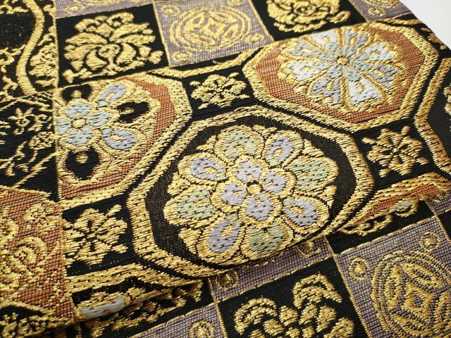 平和屋着物●六通柄袋帯　名物裂　黒地　金糸　正絹　逸品　CABB9249hy