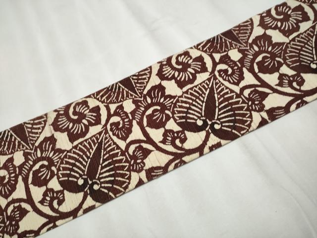 平和屋着物●九寸名古屋帯　紬地　型染め　唐草文　正絹　逸品　CABB9263hy