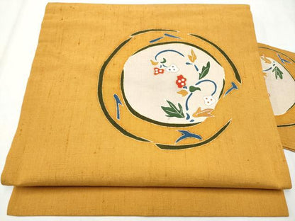 平和屋着物●九寸名古屋帯 紬地 型染め 草花文 金彩 正絹 逸品 CABB9265hy