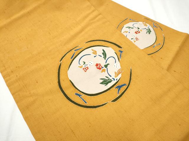 平和屋着物●九寸名古屋帯 紬地 型染め 草花文 金彩 正絹 逸品 CABB9265hy