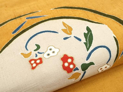 平和屋着物●九寸名古屋帯 紬地 型染め 草花文 金彩 正絹 逸品 CABB9265hy