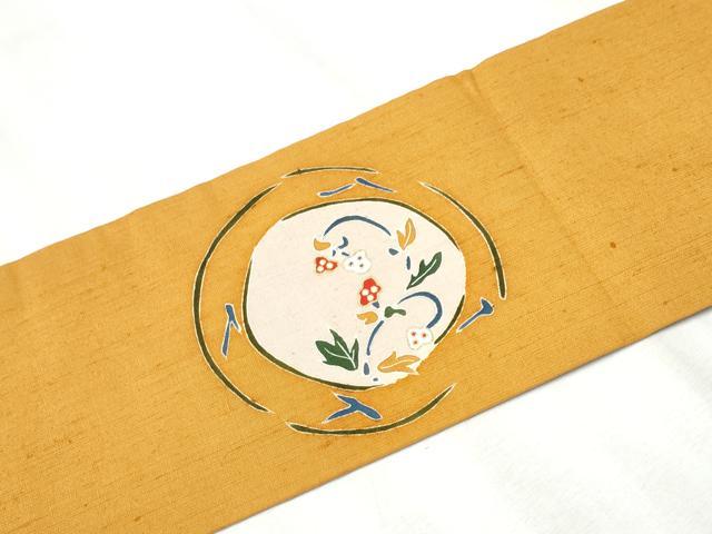 平和屋着物●九寸名古屋帯 紬地 型染め 草花文 金彩 正絹 逸品 CABB9265hy