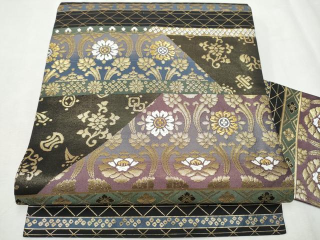平和屋着物●九寸名古屋帯　切嵌草花文　黒地　金糸　正絹　逸品　CABB9266hy