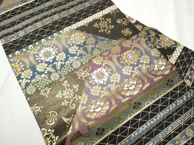 平和屋着物●九寸名古屋帯　切嵌草花文　黒地　金糸　正絹　逸品　CABB9266hy