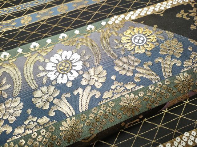 平和屋着物●九寸名古屋帯　切嵌草花文　黒地　金糸　正絹　逸品　CABB9266hy