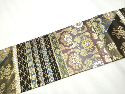 平和屋着物●九寸名古屋帯　切嵌草花文　黒地　金糸　正絹　逸品　CABB9266hy