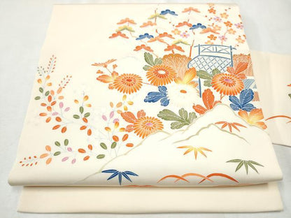 平和屋着物●塩瀬　九寸名古屋帯　友禅　松竹梅　正絹　逸品　CABB9270hy