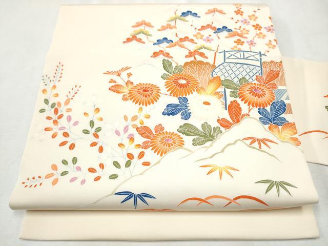 平和屋着物●塩瀬　九寸名古屋帯　友禅　松竹梅　正絹　逸品　CABB9270hy
